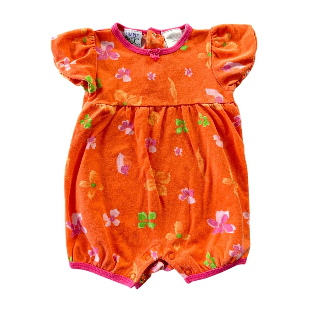 Vintage Cotton Romper Simply Basic Baby Girl Orange Floral Puff Sleeve 12 Months
